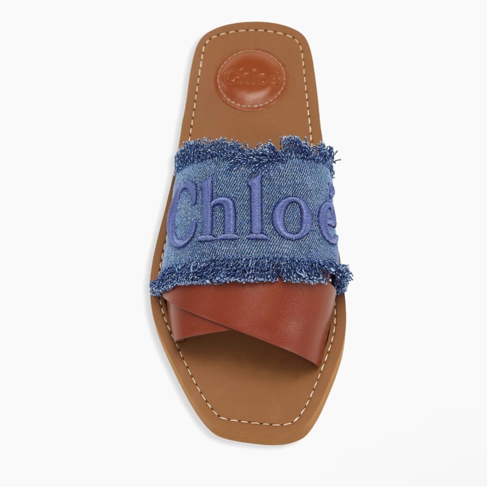 NWT 100% Authentic Chloe Woody Logo Flat Denim Slide Sandals - Picture 4 of 16